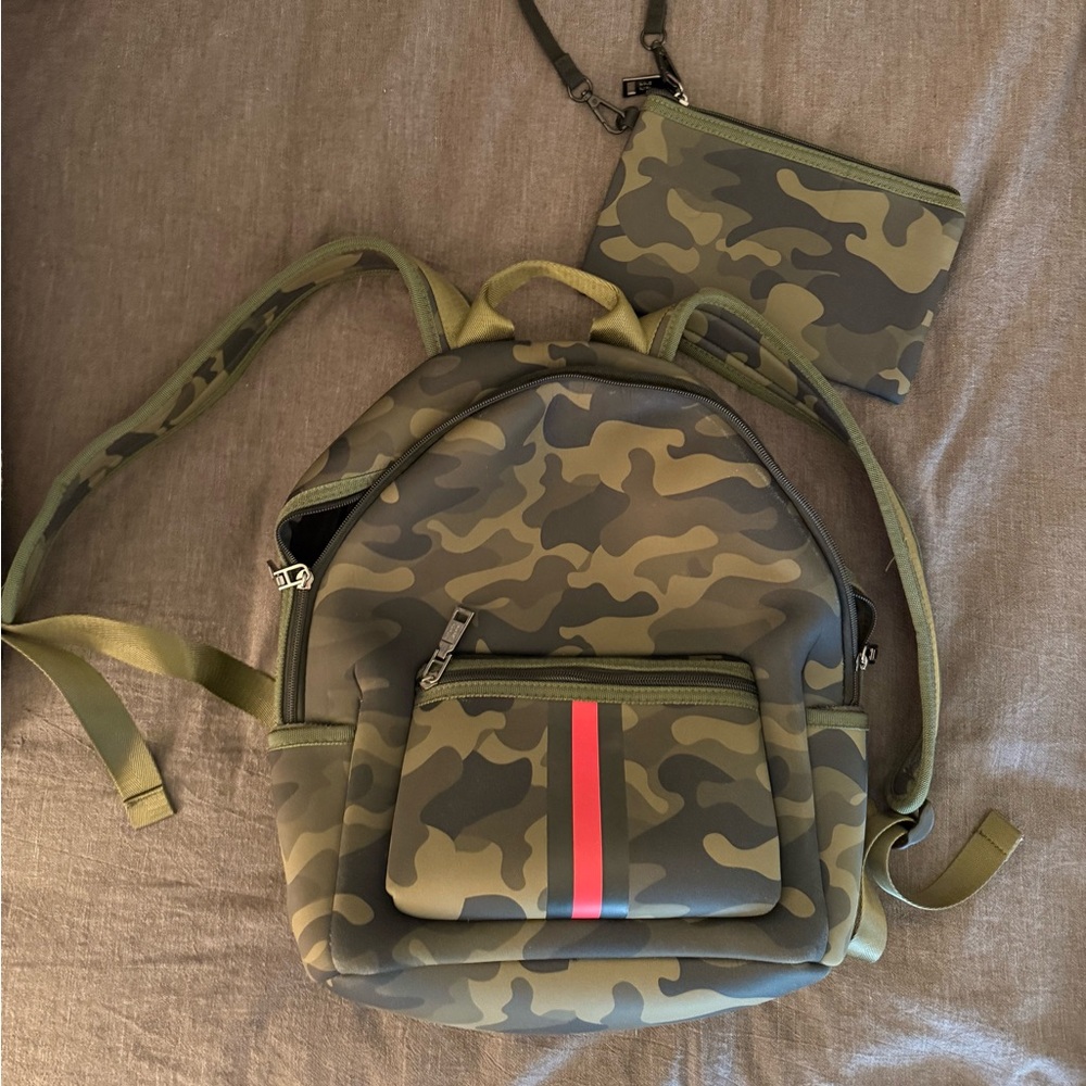HAUTE SHORE Camouflage Neoprene Backpack with Red Stripe & Matching Pouch